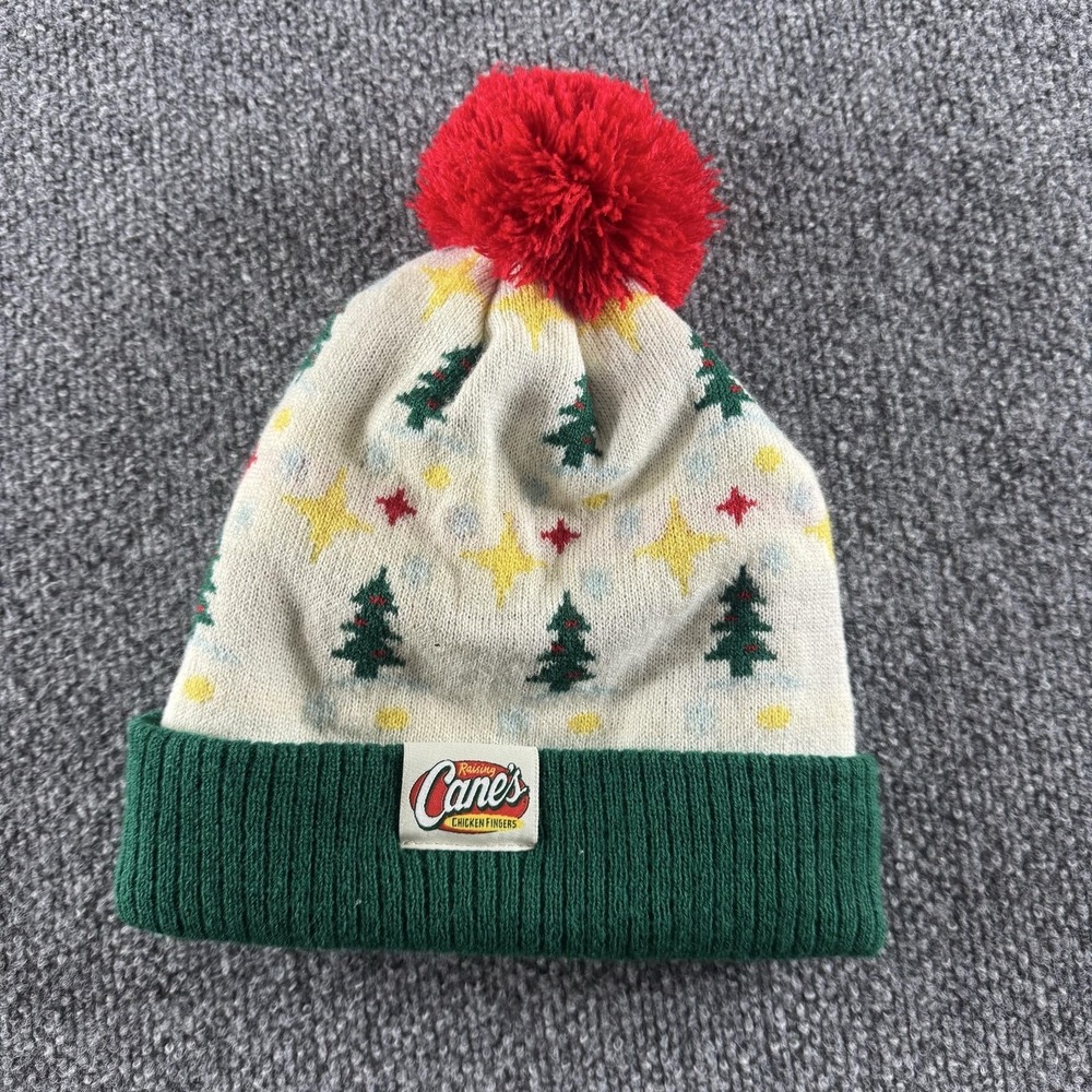 Raising Cane's Hat Beanie Adult One Size Knit Holiday Christmas Dog Pom Mens